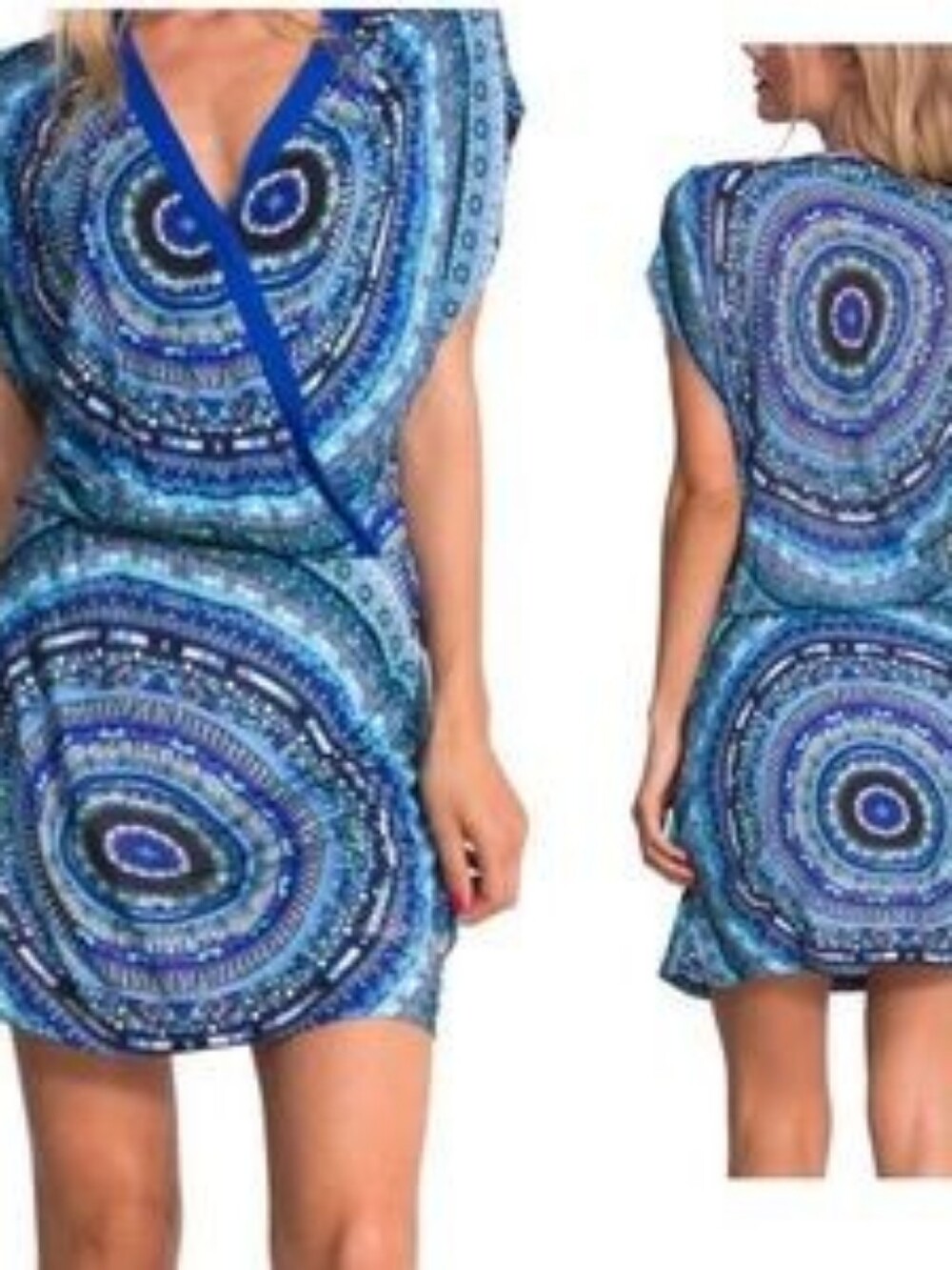 Desigual Union Blue Printed Multicolor V-Neck Lightweight Dress Size Large